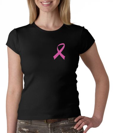 Breast Cancer Ladies Shirt Crewneck Pink Ribbon Pocket Print Black