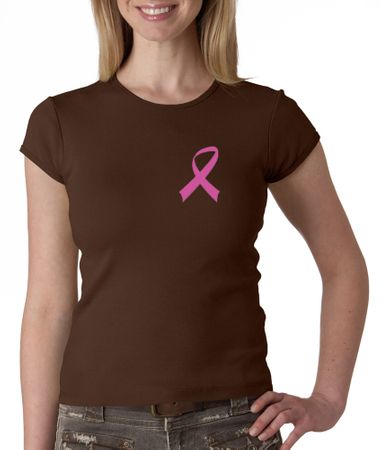 Breast Cancer Ladies Shirt Crewneck Pink Ribbon Pocket Print Brown