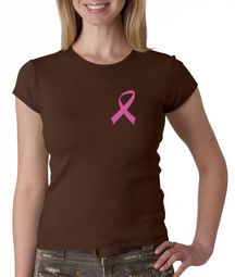 Breast Cancer Ladies Shirt Crewneck Pink Ribbon Pocket Print Brown
