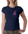 Breast Cancer Ladies Shirt Crewneck Pink Ribbon Pocket Print Navy