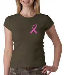 Breast Cancer Ladies Shirt Crewneck Pink Ribbon Pocket Print Olive