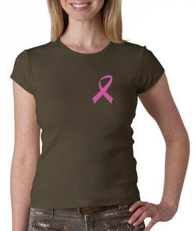 Breast Cancer Ladies Shirt Crewneck Pink Ribbon Pocket Print Olive