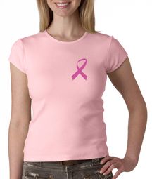 Breast Cancer Ladies Shirt Crewneck Pink Ribbon Pocket Print Pink