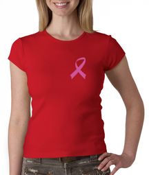 Breast Cancer Ladies Shirt Crewneck Pink Ribbon Pocket Print Red