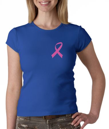 Breast Cancer Ladies Shirt Crewneck Pink Ribbon Pocket Print Royal