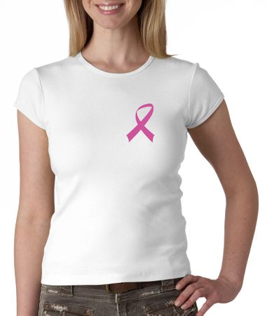 Breast Cancer Ladies Shirt Crewneck Pink Ribbon Pocket Print White