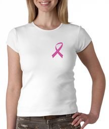 Breast Cancer Ladies Shirt Crewneck Pink Ribbon Pocket Print White