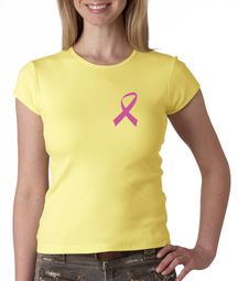Breast Cancer Ladies Shirt Crewneck Pink Ribbon Pocket Print Yellow