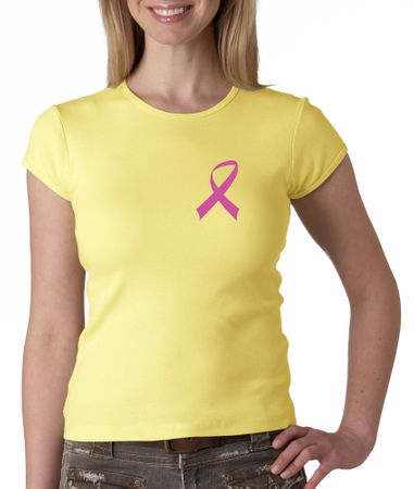 Breast Cancer Ladies Shirt Crewneck Pink Ribbon Pocket Print Yellow