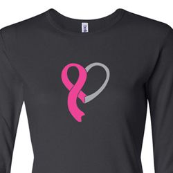 Breast Cancer Ladies Shirt Ribbon Heart Long Sleeve Tee T-Shirt