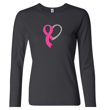 Breast Cancer Ladies Shirt Ribbon Heart Long Sleeve Tee T-Shirt