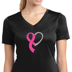 Breast Cancer Ladies Shirt Ribbon Heart Moisture Wicking V-neck Tee