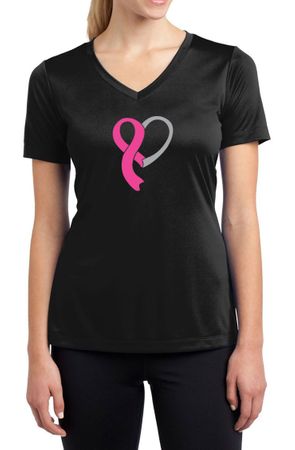 Breast Cancer Ladies Shirt Ribbon Heart Moisture Wicking V-neck Tee