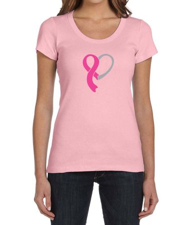 Breast Cancer Ladies Shirt Ribbon Heart Scoop Neck Tee T-Shirt