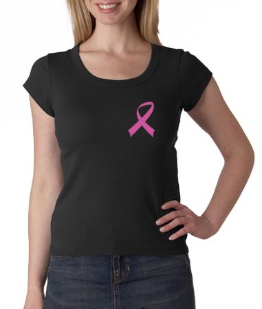Breast Cancer Ladies Shirt Scoop Neck Pink Ribbon Pocket Print Black