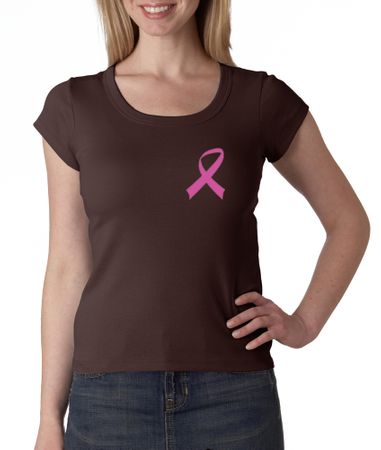 Breast Cancer Ladies Shirt Scoop Neck Pink Ribbon Pocket Print Brown