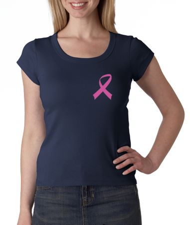 Breast Cancer Ladies Shirt Scoop Neck Pink Ribbon Pocket Print Navy
