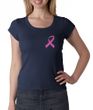 Breast Cancer Ladies Shirt Scoop Neck Pink Ribbon Pocket Print Navy