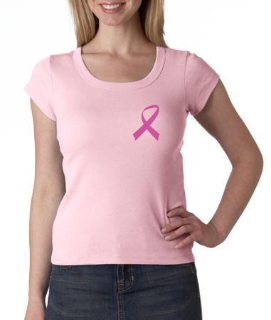 Breast Cancer Ladies Shirt Scoop Neck Pink Ribbon Pocket Print Pink