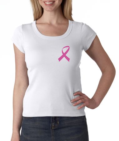 Breast Cancer Ladies Shirt Scoop Neck Pink Ribbon Pocket Print White