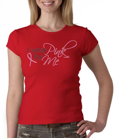 Breast Cancer Ladies T-shirt Crewneck I Wear Pink For Me Red Tee