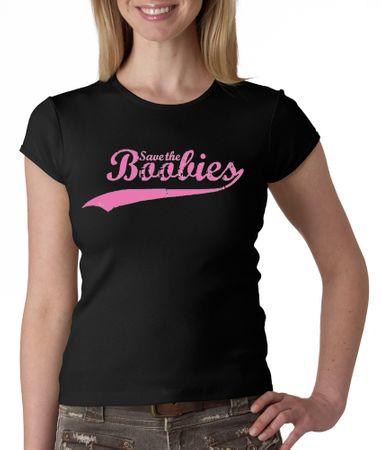 Breast Cancer Ladies T-shirt - Crewneck Save The Boobies Black Tee