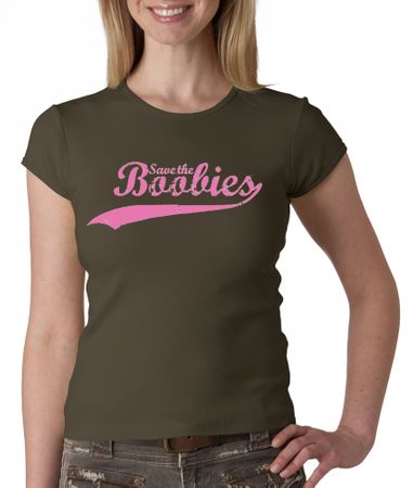 Breast Cancer Ladies T-shirt - Crewneck Save The Boobies Brown Tee