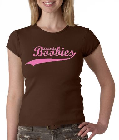 Breast Cancer Ladies T-shirt - Crewneck Save The Boobies Brown Tee