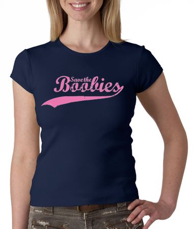 Breast Cancer Ladies T-shirt - Crewneck Save The Boobies Navy Tee