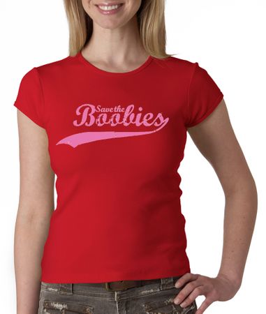 Breast Cancer Ladies T-shirt - Crewneck Save The Boobies Red Tee