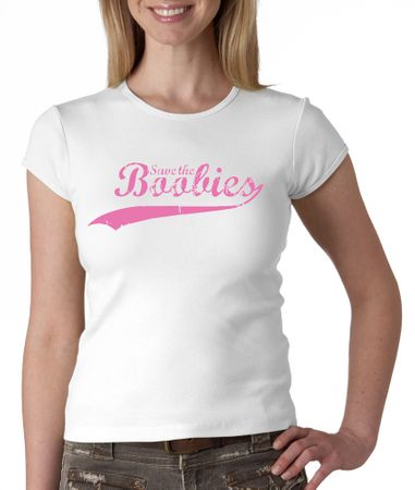 Breast Cancer Ladies T-shirt - Crewneck Save The Boobies White Tee