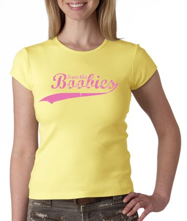 Breast Cancer Ladies T-shirt - Crewneck Save The Boobies Yellow Tee