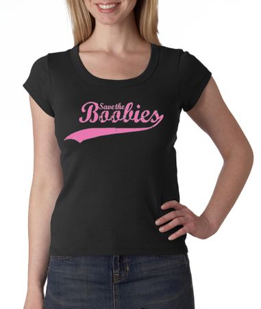 Breast Cancer Ladies T-shirt Scoop Neck Save The Boobies Black Tee