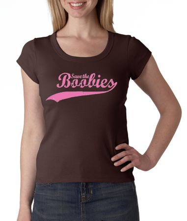 Breast Cancer Ladies T-shirt Scoop Neck Save The Boobies Brown Tee