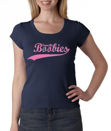 Breast Cancer Ladies T-shirt Scoop Neck Save The Boobies Navy Tee