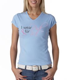Breast Cancer Ladies T-shirt - V-neck I Wear Pink For Me Baby Blue Tee Breast Cancer Ladies T-shirt - V-neck I Wear Pink For Me Baby Blue Tee