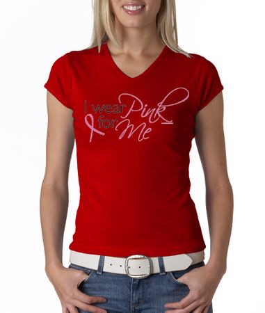Breast Cancer Ladies T-shirt - V-neck I Wear Pink For Me Red Tee