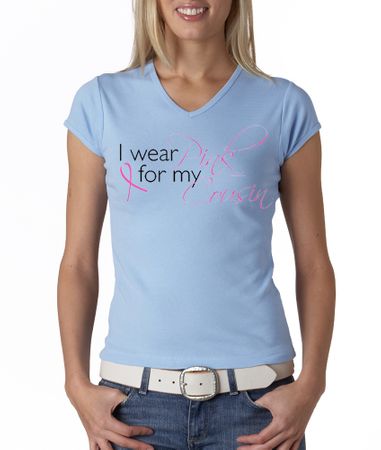 Breast Cancer Ladies T-shirt - V-neck I Wear Pink For My Cousin Blue