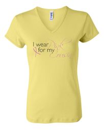 Breast Cancer Ladies T-shirt - V-neck I Wear Pink For My Cousin Yellow