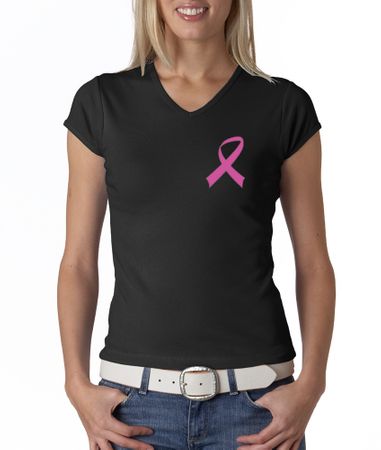 Breast Cancer Ladies T-shirt V-neck Pink Ribbon Pocket Print Black