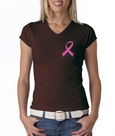 Breast Cancer Ladies T-shirt V-neck Pink Ribbon Pocket Print Brown