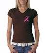 Breast Cancer Ladies T-shirt V-neck Pink Ribbon Pocket Print Brown