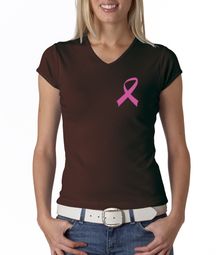 Breast Cancer Ladies T-shirt V-neck Pink Ribbon Pocket Print Brown