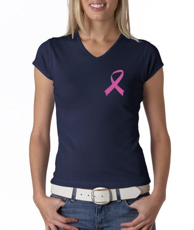 Breast Cancer Ladies T-shirt V-neck Pink Ribbon Pocket Print Navy