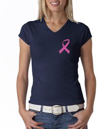 Breast Cancer Ladies T-shirt V-neck Pink Ribbon Pocket Print Navy