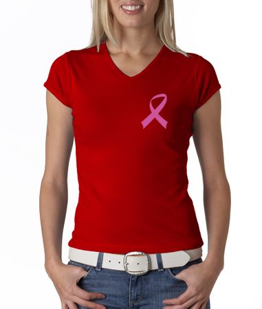 Breast Cancer Ladies T-shirt V-neck Pink Ribbon Pocket Print Red Shirt