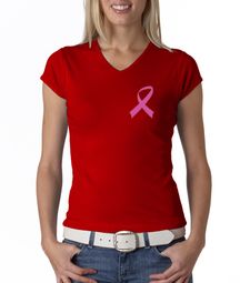 Breast Cancer Ladies T-shirt V-neck Pink Ribbon Pocket Print Red Shirt