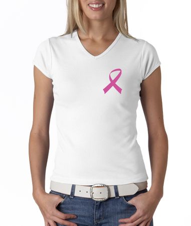 Breast Cancer Ladies T-shirt V-neck Pink Ribbon Pocket Print White