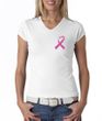 Breast Cancer Ladies T-shirt V-neck Pink Ribbon Pocket Print White