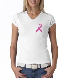 Breast Cancer Ladies T-shirt V-neck Pink Ribbon Pocket Print White